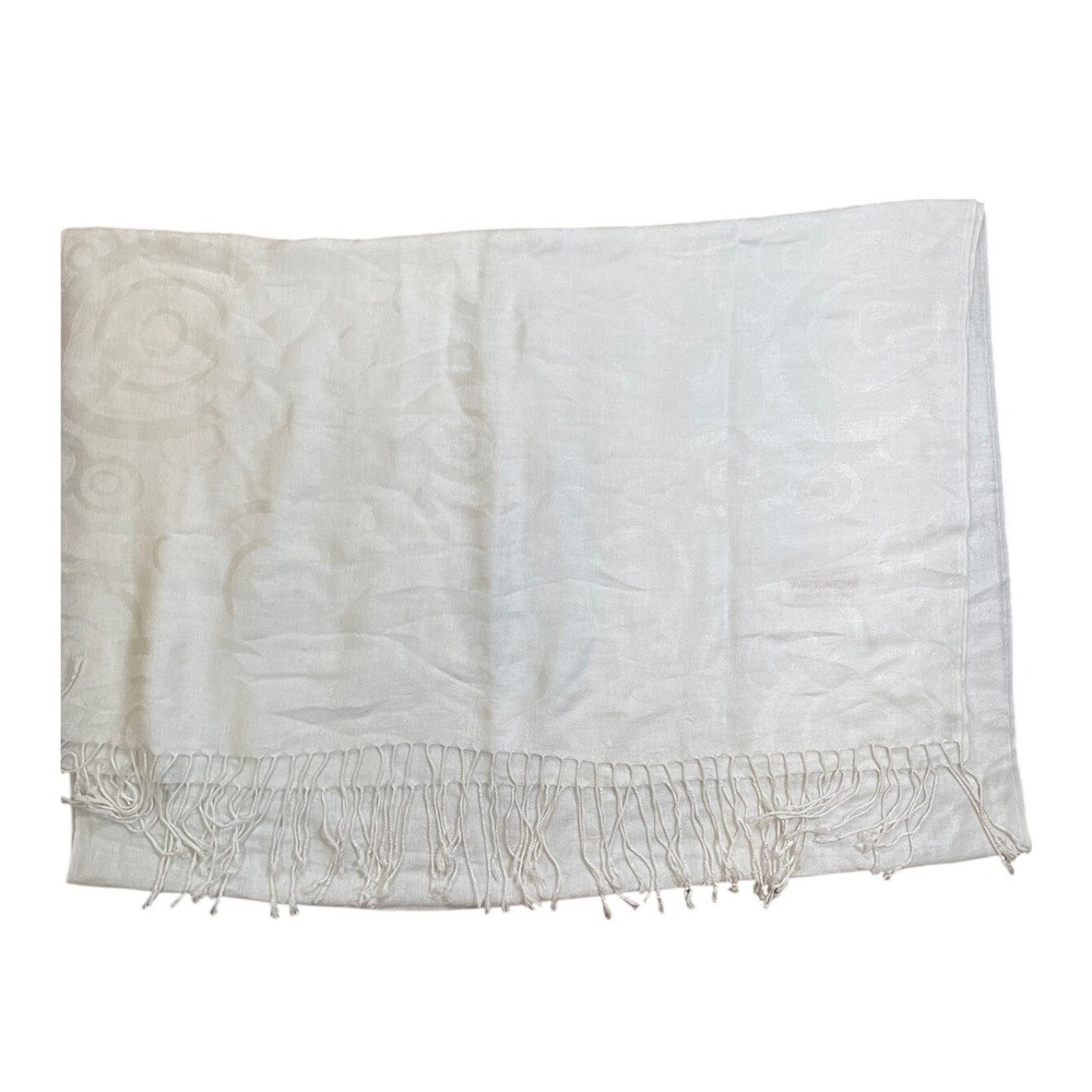 White Embossed Pashmina and Silk Shawl with Fringe Elegant Accessory for Women